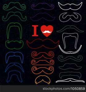 Moustaches set. Design elements.Color icon of flat design.. Moustaches colors bright set on dark background