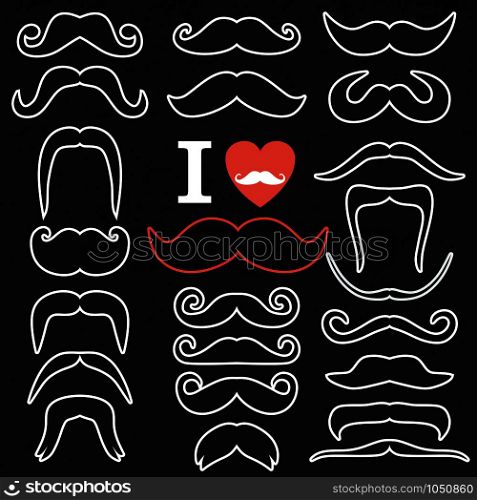 Moustaches set. Design elements.White icon of flat design.. Moustaches set