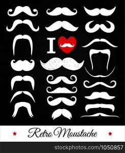 Moustaches set. Design elements.White moustaches on black texture.. Moustaches set