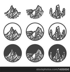 Moutain symbols in round shape. Use as logo, icon. Stripe line shadow style.