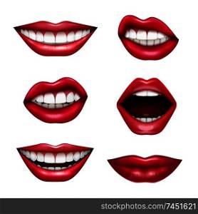Mouth expressions lips body language emotions realistic set with red glossy drawing attention lipstick isolated vector illustration