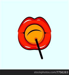 Mouth licking lollipop, female glossy red lips and orange candy on a stick, Illustration in the cartoon style. Mouth licking lollipop, red lips and candy