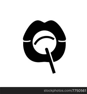 Mouth licking lollipop, female lips and candy on a stick, black Illustration drawn by the cartoon style. Mouth licking lollipop, lips and candy on a stick