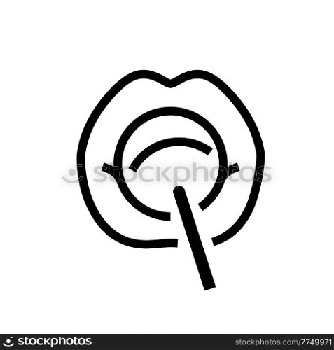 Mouth licking lollipop, female lips and candy on a stick, drawn by one black line. Mouth licking lollipop, lips and candy on a stick