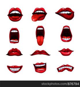 Mouth lips and tongue smile icons. Vector emoji or emoticon app icons or tongue out, kiss or lick flirting and yawn, sad and angry cry, lough and funny playful. Mouth lips and tongue smile vector emoji icons