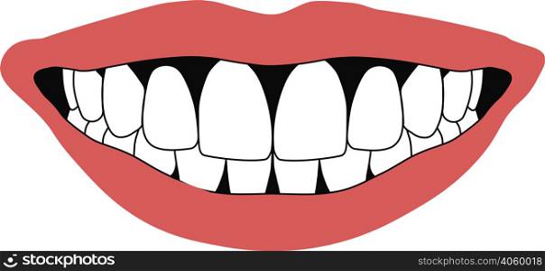 mouth of a smiling human snow-white front teeth and red lips in vector for design or printing. smile