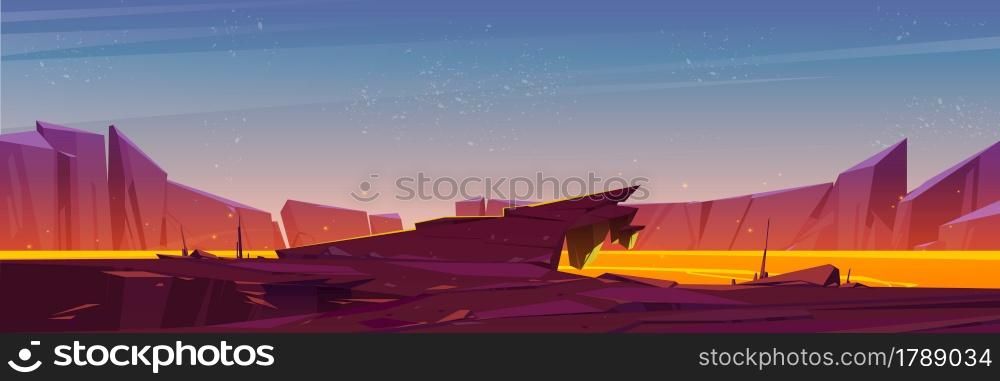 Mouth of volcano filled with lava with rocky edges under evening sky. Scenery nature landscape, majestic panoramic view with glowing orange magma and mountain cliff. Cartoon vector illustration. Mouth of volcano filled with lava with rocky edges