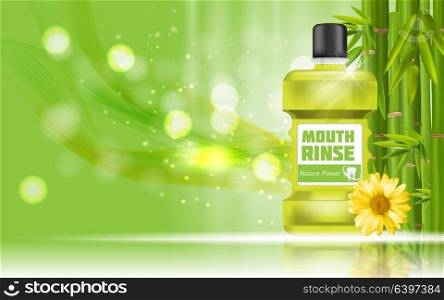 Mouth Rinse Design Cosmetics Product Bottle with Bamboo and Calendula Template for Ads, Announcement Sale, Promotion New Product or Magazine Background. 3D Realistic Vector Iillustration. EPS10. Mouth Rinse Design Cosmetics Product Bottle with Bamboo and Cale