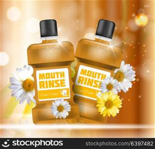 Mouth Rinse Design Cosmetics Product Bottle with Flowers Chamomile Template for Ads, Announcement Sale, Promotion New Product or Magazine Background. 3D Realistic Vector Iillustration. EPS10. Mouth Rinse Design Cosmetics Product Bottle with Flowers Chamomi