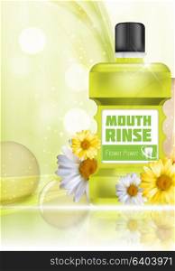 Mouth Rinse Design Cosmetics Product Bottle with Flowers Chamomile Template for Ads, Announcement Sale, Promotion New Product or Magazine Background. 3D Realistic Vector Iillustration. EPS10. Mouth Rinse Design Cosmetics Product Bottle with Flowers Chamomi