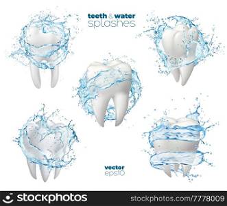 Mouth rinse, mouthwash, clean teeth with cool water splash, dental hygiene and care. Isolated vector white healthy tooth with round liquid wave or swirl with splatters, 3d oral health ads. Mouth rinse, mouthwash, clean teeth with water