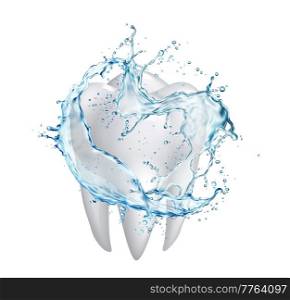 Mouth rinse or mouthwash, teeth and clean water flow swirl splash with drops. Dental hygiene realistic 3d vector white clean tooth and splash of transparent blue oral rinse liquid. Mouth rinse or mouthwash, teeth and water splash