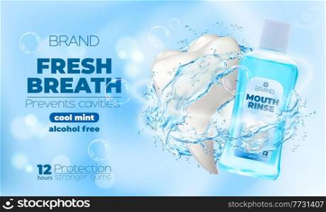 Mouthwash and mouth rinse bottle in transparent water splash and swirl drops, vector. Tooth mint dental care product poster for mouthwash or oral hygiene and gum rinse, alcohol free cavity protection. Mouthwash, mouth rinse bottle in transparent water