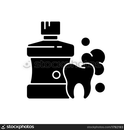 Mouthwash for teeth health black glyph icon. Oral rinse. Fighting plaque buildup. Preventing teeth decay. Strengthening enamel. Silhouette symbol on white space. Vector isolated illustration. Mouthwash for teeth health black glyph icon