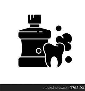 Mouthwash for teeth health black glyph icon. Oral rinse. Fighting plaque buildup. Preventing teeth decay. Strengthening enamel. Silhouette symbol on white space. Vector isolated illustration. Mouthwash for teeth health black glyph icon