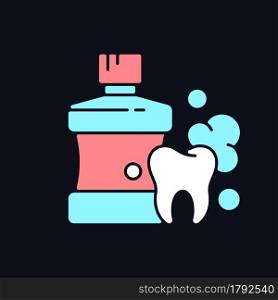 Mouthwash for teeth health RGB color icon for dark theme. Oral rinse. Prevent teeth decay. Strengthen enamel. Isolated vector illustration on night mode background. Simple filled line drawing on black. Mouthwash for teeth health RGB color icon for dark theme