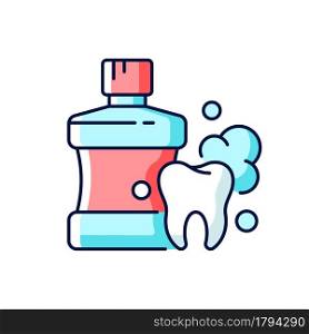 Mouthwash for teeth health RGB color icon. Oral rinse. Fighting plaque buildup. Preventing teeth decay. Oral hygiene. Strengthening enamel. Isolated vector illustration. Simple filled line drawing. Mouthwash for teeth health RGB color icon