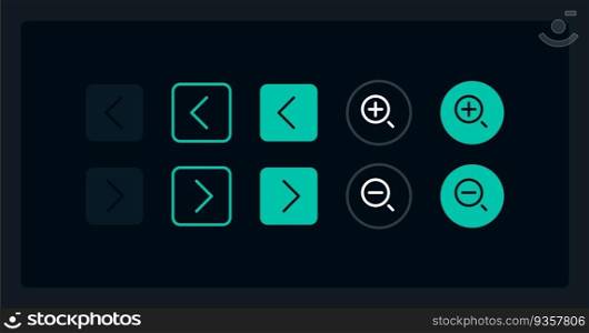 Move arrow and zoom buttons UI elements kit. Isolated vector components. Flat navigation menus and interface buttons template. Web design widget collection for mobile application with dark theme. Move arrow and zoom buttons UI elements kit