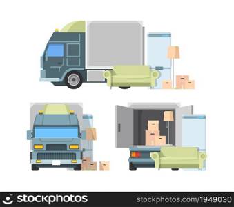 Move container inside truck. Package loading moving from home cargo transportation service vector illustration. Furniture cargo, cardboard delivery move and relocation service. Move container inside truck. Package loading moving from home cargo transportation service vector illustrations
