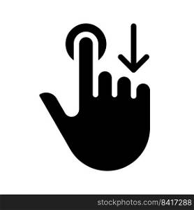 Move downwards black glyph icon. Swipe down. Touchscreen controlling gesture. Device navigation. Drag and draw. Silhouette symbol on white space. Solid pictogram. Vector isolated illustration. Move downwards black glyph icon