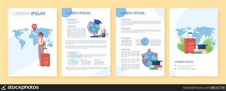 Move to study abroad flat vector brochure template. Foreign university booklet, leaflet printable flat color designs. Editable magazine page, reports kit with text space. Quicksand font used. Move to study abroad flat vector brochure template