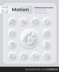 Movement and speed embossed icons set. Mechanical power. Neumorphism effect. Isolated vector illustrations. Minimalist button design collection. Editable stroke. Montserrat Bold, Light fonts used. Movement embossed icons set