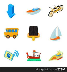 Movement icons set. Cartoon set of 9 movement vector icons for web isolated on white background. Movement icons set, cartoon style