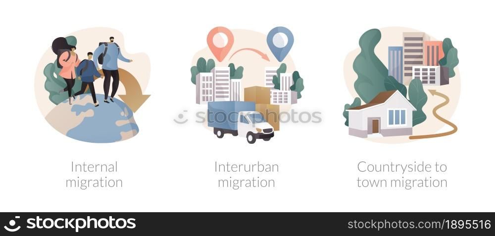 Movement of people abstract concept vector illustration set. Internal migration, metropolitan area, moving to cities, suburban district, migration from countryside, neighborhood abstract metaphor.. Movement of people abstract concept vector illustrations.