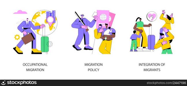 Movement of people abstract concept vector illustration set. Occupational migration, migration policy, integration of migrants, work and travel, border patrols control, passport abstract metaphor.. Movement of people abstract concept vector illustrations.