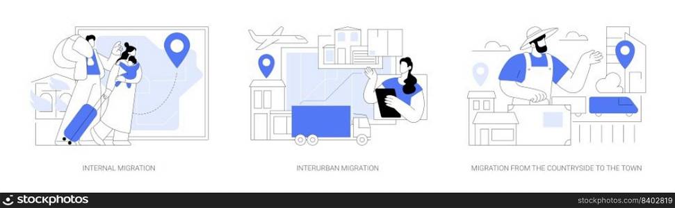 Movement of people abstract concept vector illustration set. Internal migration, metropolitan area, moving to cities, suburban district, migration from countryside, neighborhood abstract metaphor.. Movement of people abstract concept vector illustrations.