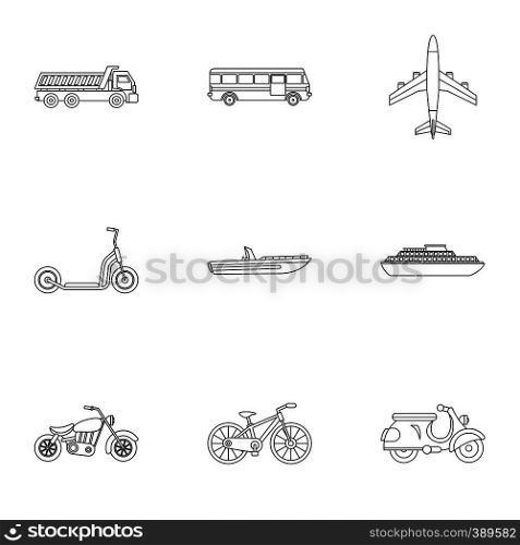 Movement on machine icons set. Outline illustration of 9 movement on machine vector icons for web. Movement on machine icons set, outline style