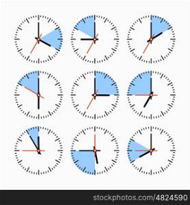 Movements and watches . Set hours with the timer in different colors in the style of icons infographics
