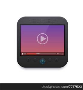 Movie and video player interface icon, vector ui design, play button on screen, menu bar, slider, sound and settings navigation. Digital multimedia online content playing 3d sign for application. Movie and video player interface icon, ui design