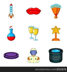 Movie award icons set. Cartoon set of 9 movie award vector icons for web isolated on white background. Movie award icons set, cartoon style