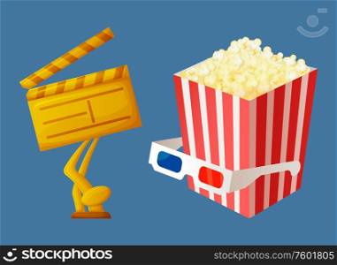 Movie award made of gold vector, popcorn in package with stripes glasses on container with snack. Reward for producer in form of golden clapperboard. Movie Award for Best Film and Action, Popcorn