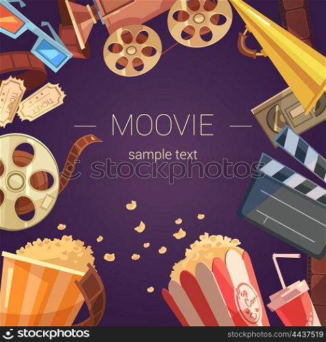 Movie Background Illustration . Movie cartoon background with camera tickets videocassette and popcorn vector illustration