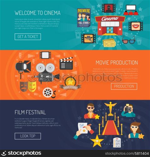 Movie banner horizontal set with film festival flat elements isolated vector illustration. Movie Banner Horizontal