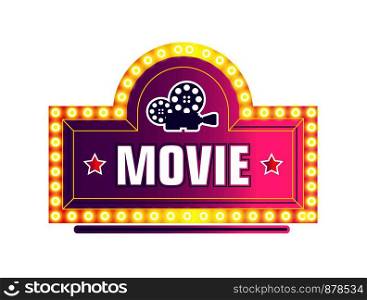 Movie camera and stars logo, filmmaking industry isolated icon vector. Cinematography entertainment industry, retro vintage footage with neon lights. Shooting and recording videography studio. Movie camera and stars logo, filmmaking industry isolated icon