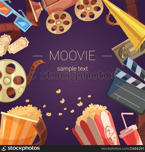 Movie cartoon background with camera tickets videocassette and popcorn vector illustration . Movie Background Illustration 