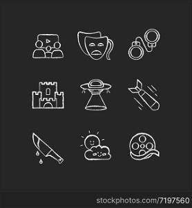 Movie categories chalk white icons set on black background. Different film types, popular cinema genres. Common cinematography styles, filmmaking industry. Isolated vector chalkboard illustrations