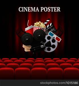 Movie chairs background. Red set cinema movie premier theater curtain concept vector background illustration. Movie and cinema, red chair in hall for entertainment cinema. Movie chairs background. Red set cinema movie premier theater curtain concept vector background illustration