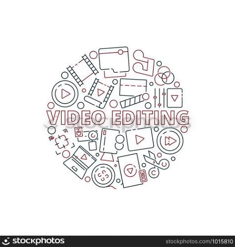 Movie circle background. Film cinema production items in round shape tv equipment multimedia clapper vector conceptual picture. Illustration of multimedia equipment, media and camera. Movie circle background. Film cinema production items in round shape tv equipment multimedia clapper vector conceptual picture