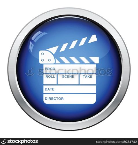 Movie clap board icon. Glossy button design. Vector illustration.