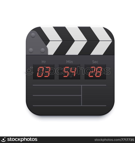 Movie clapper board, video record interface icon, vector tv and online cinema app. Movie theater or television player and video tube recorder, media channel application interface icon of clapperboard. Movie clapper board, video record interface icon