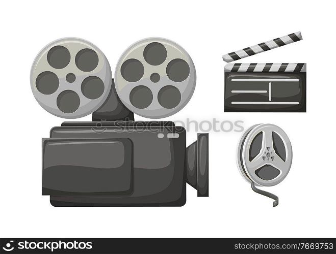 Movie clapper, retro camera filming technology vector, isolated icon of bobbin with tape. Cinematography equipment for making films, old cinema symbols. Movie Clapper, Retro Camera Film, Bobbin Tape
