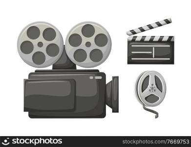 Movie clapper, retro camera filming technology vector, isolated icon of bobbin with tape. Cinematography equipment for making films, old cinema symbols. Movie Clapper, Retro Camera Film, Bobbin Tape