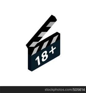 Movie clapper with rate 18 plus icon in isometric 3d style on a white background. Movie clapper with rate 18 plus icon