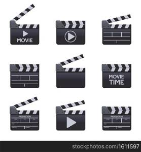 Movie clapperboards. Cinema wooden clapper with titles, filmmaking symbols. Moviemaking clappers vector illustration. Cinematography element for film production, media equipment set. Movie clapperboards. Cinema wooden clapper with titles, filmmaking symbols. Moviemaking clappers vector illustration