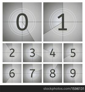 Movie count timer. Vintage cinema countdown frames, old movie timer frames from 0 to 9 numbers. Movie intro counting vector illustration set. Film retro projector, television screen. Movie count timer. Vintage cinema countdown frames, old movie timer frames from 0 to 9 numbers. Movie intro counting vector illustration set