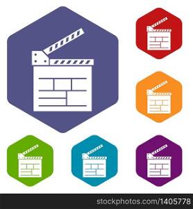 Movie cracker icons vector colorful hexahedron set collection isolated on white. Movie cracker icons vector hexahedron
